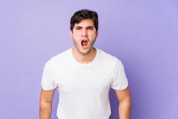 Young Man Isolated Purple Background Shouting Very Angry Rage Concept — Stock Photo, Image