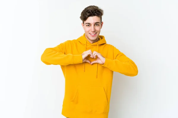 Young Caucasian Man Isolated White Background Smiling Showing Heart Shape — Stock Photo, Image