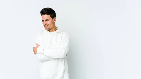 Young Caucasian Man Isolated White Background Frowning Face Displeasure Keeps — Stock Photo, Image