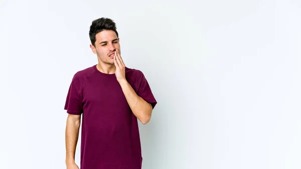 白い背景に強い歯の痛み 臼歯痛を持つ若い白人男性 — ストック写真