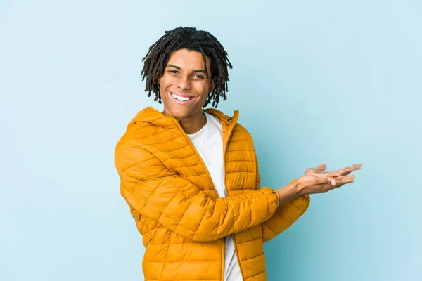 Young Mixed Race Man Holding Copy Space Palm — Stock Photo, Image