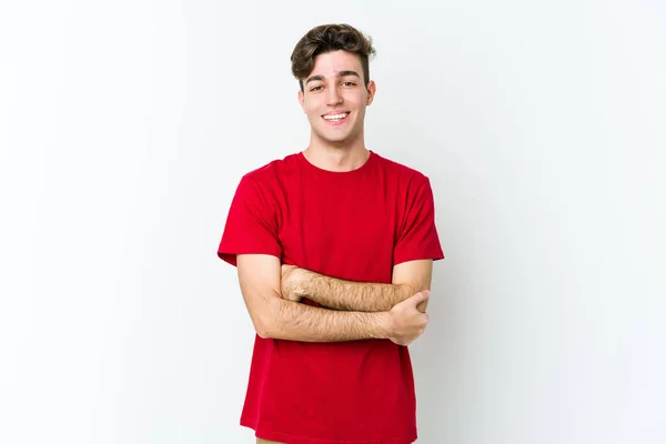 Young Caucasian Man Isolated White Background Who Feels Confident Crossing — Stock Photo, Image