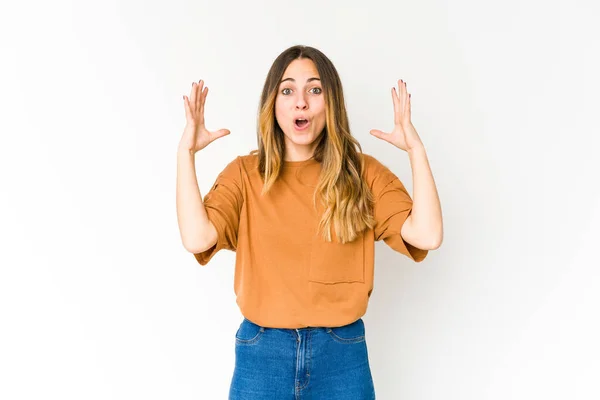 Young Caucasian Woman Isolated White Background Celebrating Victory Success Surprised — Stock Photo, Image