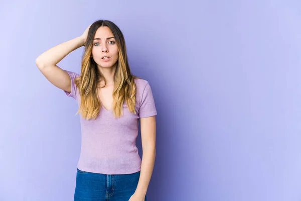 Young Caucasian Woman Isolated Purple Background Being Shocked She Has — Stock Photo, Image