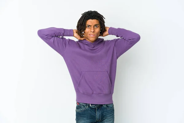 Young African American Rasta Man Touching Back Head Thinking Making — Stock Photo, Image