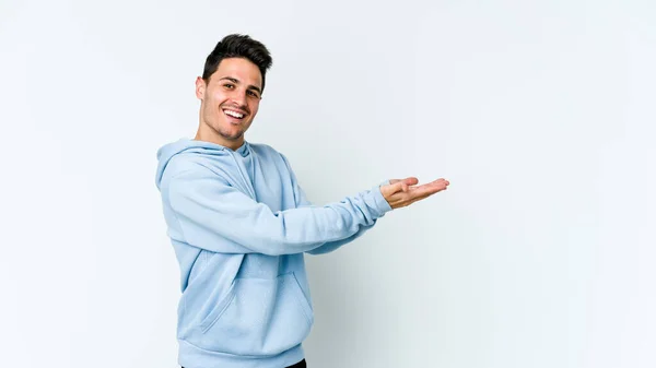 Young Caucasian Man Isolated White Background Holding Copy Space Palm — Stock Photo, Image