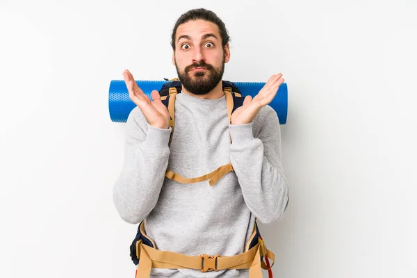 Jeune Homme Sac Dos Isolé Sur Fond Blanc Surpris Choqué — Photo