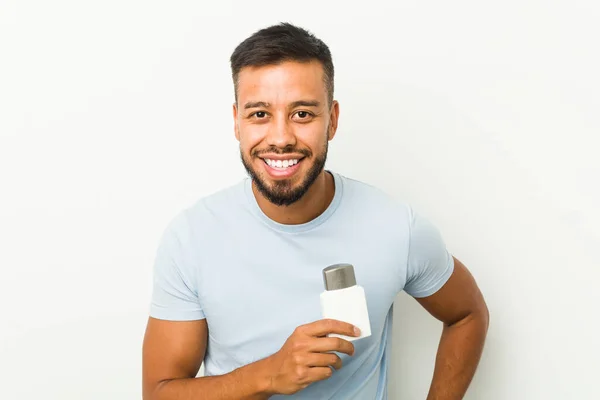 Young South Asian Man Holding Shave Cream Laughing Having Fun — Stock Photo, Image