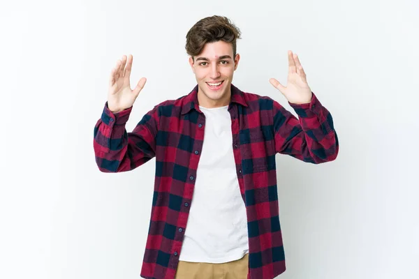 Young Caucasian Man Isolated White Background Receiving Pleasant Surprise Excited — Stock Photo, Image