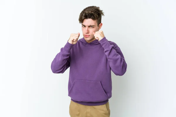 Young Caucasian Man Isolated White Background Showing Fist Camera Aggressive — Stock Photo, Image