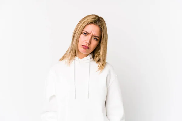 Genç Sarışın Beyaz Kadın Üzgün Ciddi Yüzlü Mutsuz Hoşnutsuz — Stok fotoğraf