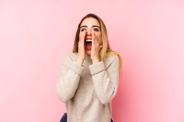 Middle Age Woman Isolated Pink Background Shouting Excited Front — Stock Photo, Image