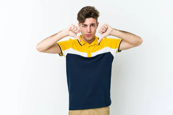 Young Caucasian Man Isolated White Background Showing Dislike Gesture Thumbs — Stock Photo, Image