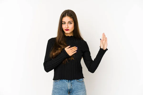 Young Caucasian Woman Isolated White Background Taking Oath Putting Hand — Stock Photo, Image