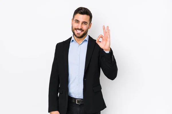 Young Caucasian Business Man White Background Isolated Cheerful Confident Showing — Stock Photo, Image