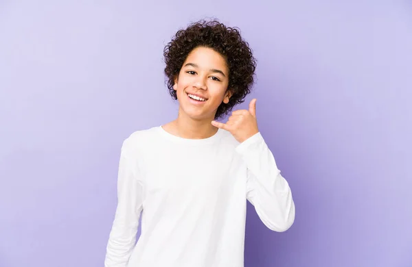 African American Little Boy Isolated Showing Mobile Phone Call Gesture — Stock Photo, Image