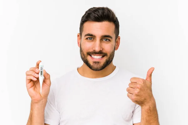 Young Caucasian Man Holding Thermometer Isolated Young Caucasian Man Holding — Stock Photo, Image