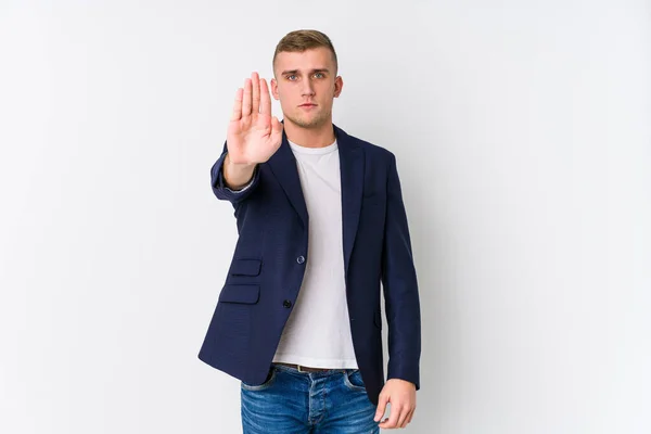 Νεαρός Επιχειρηματίας Καυκάσιος Στέκεται Απλωμένο Χέρι Δείχνοντας Στοπ Εμποδίζοντάς Σας — Φωτογραφία Αρχείου