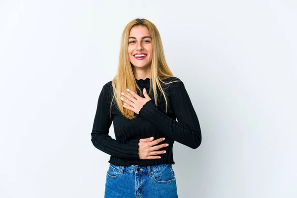 Young Blonde Woman Isolated White Background Laughs Happily Has Fun — Stock Photo, Image