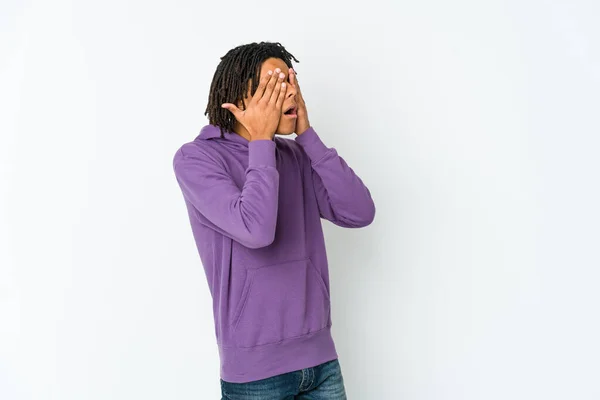 Young African American Rasta Man Afraid Covering Eyes Hands — Stock Photo, Image