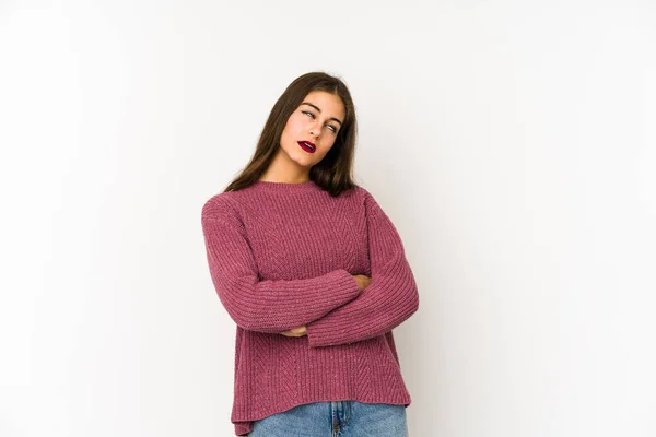 Mujer Joven Caucásica Aislada Sobre Fondo Blanco Cansada Una Tarea —  Fotos de Stock