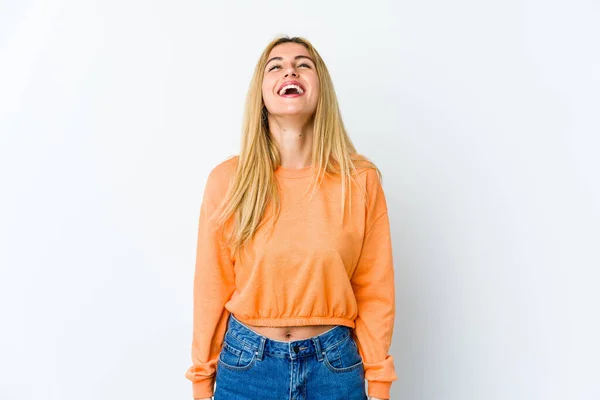 Young Blonde Woman Isolated White Background Relaxed Happy Laughing Neck — Stock Photo, Image