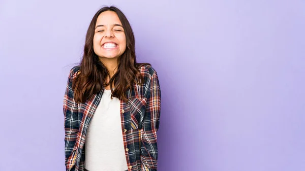 Young Mixed Race Hispanic Woman Isolated Laughs Closes Eyes Feels — Stock Photo, Image