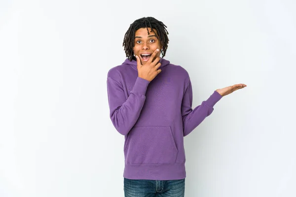 Young African American Rasta Man Holds Copy Space Palm Keep — Stock Photo, Image