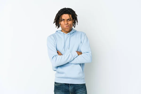 Young African American Rasta Man Frowning Face Displeasure Keeps Arms — Stock Photo, Image