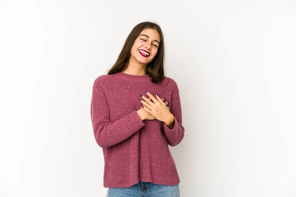 Young Caucasian Woman Isolated White Background Laughing Keeping Hands Heart — Stock Photo, Image
