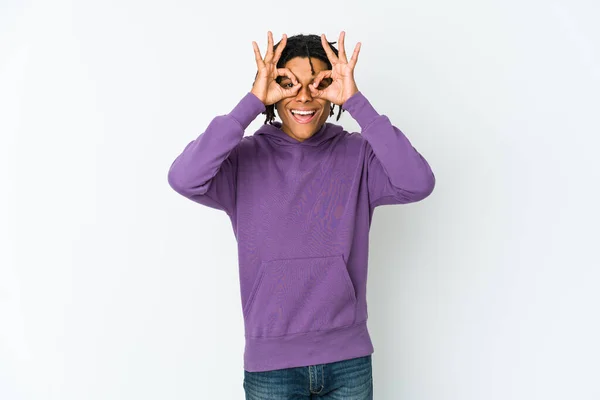 Young African American Rasta Man Excited Keeping Gesture Eye — Stock Photo, Image