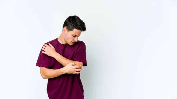 Jonge Blanke Man Geïsoleerd Witte Achtergrond Masseren Elleboog Lijden Een — Stockfoto