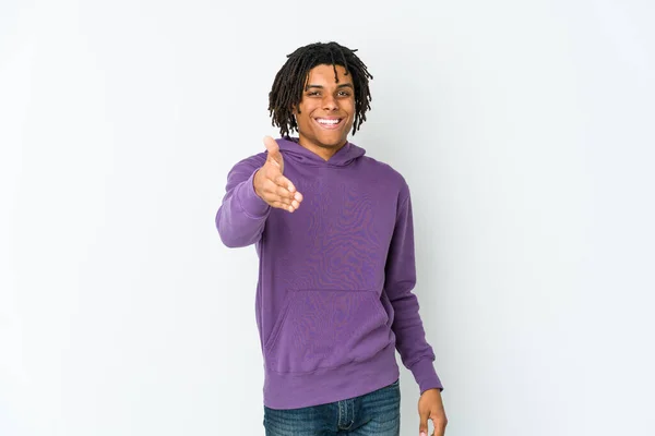 Young African American Rasta Man Stretching Hand Camera Greeting Gesture — Stock Photo, Image