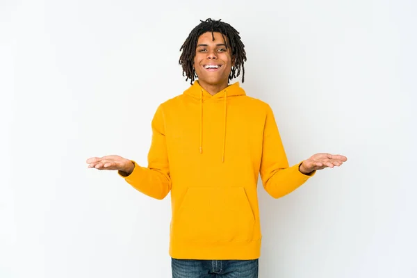 Young African American Rasta Man Makes Scale Arms Feels Happy — Stock Photo, Image