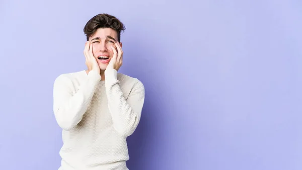 Young Caucasian Man Isolated Purple Background Whining Crying Disconsolately — Stock Photo, Image