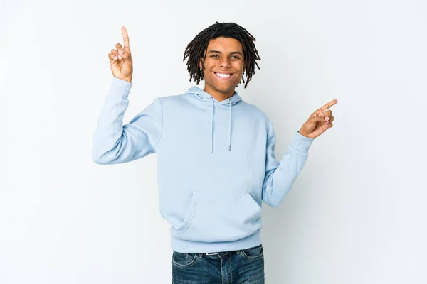 Young African American Rasta Man Pointing Different Copy Spaces Choosing — Stock Photo, Image