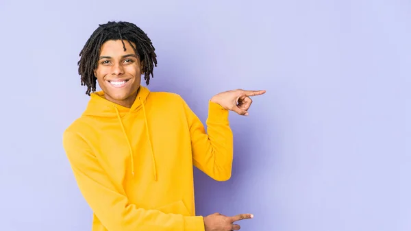 Young African American Rasta Man Excited Pointing Forefingers Away — Stock Photo, Image