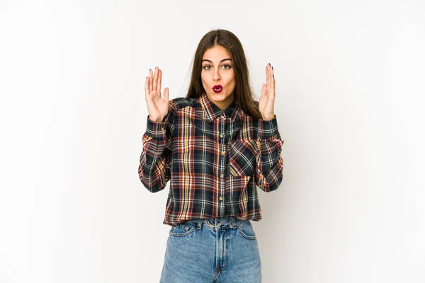 Jonge Kaukasische Vrouw Geïsoleerd Witte Achtergrond Met Een Idee Inspiratie — Stockfoto