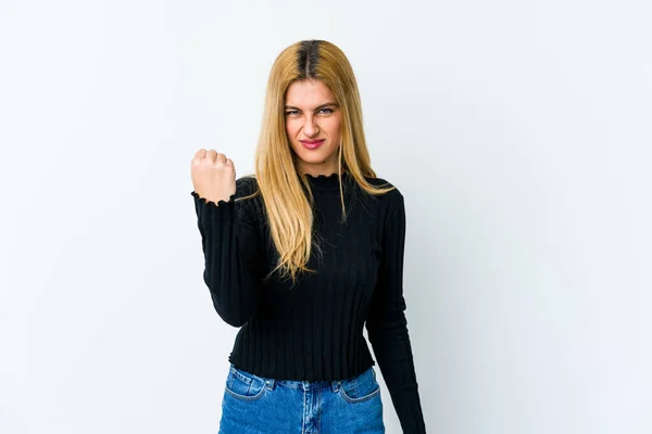 Young Blonde Woman Isolated White Background Showing Fist Camera Aggressive — Stock Photo, Image