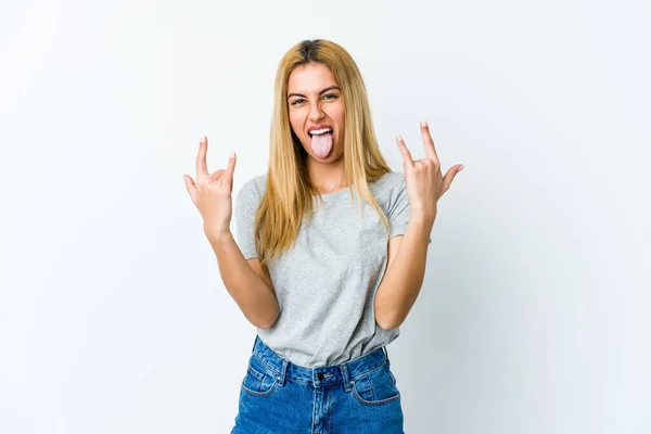 Young Blonde Woman Isolated White Background Showing Horns Gesture Revolution — Stock Photo, Image