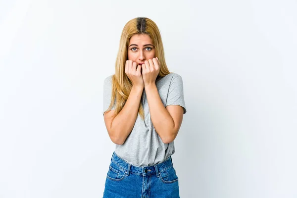 Young Blonde Woman Isolated White Background Biting Fingernails Nervous Very — Stock Photo, Image