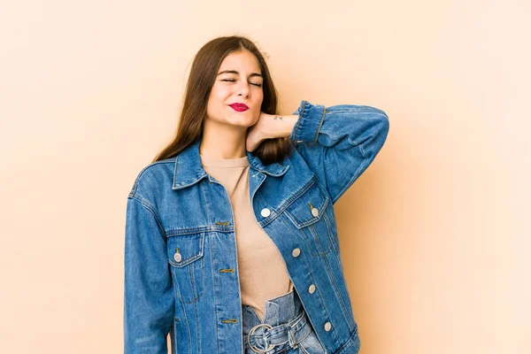 Young Caucasian Woman Isolated Beige Background Having Neck Pain Due — Stock Photo, Image