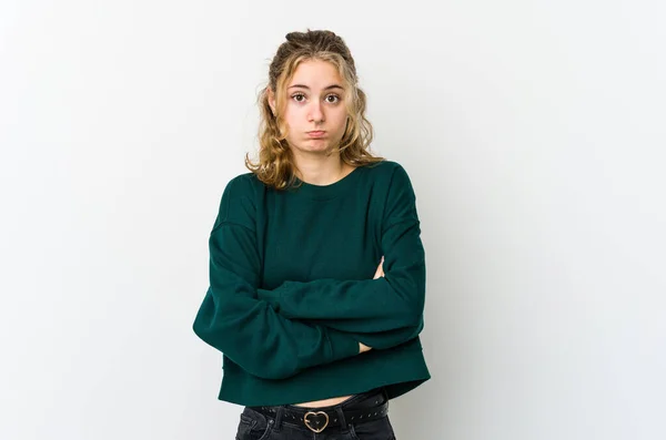 Young Caucasian Woman White Backrgound Shrugs Shoulders Open Eyes Confused — Stock Photo, Image