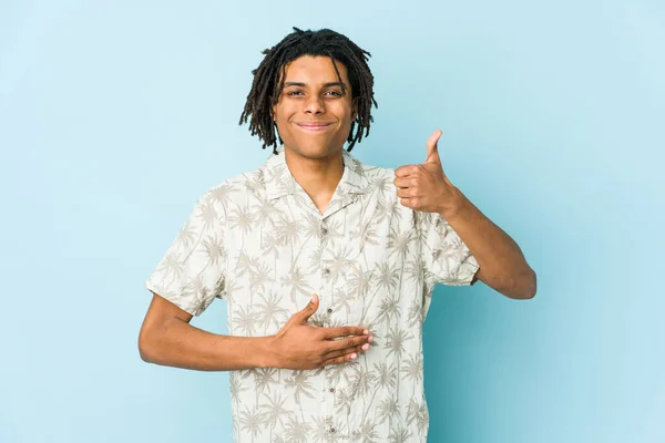 Young African American Rasta Man Touches Tummy Smiles Gently Eating — Stock Photo, Image