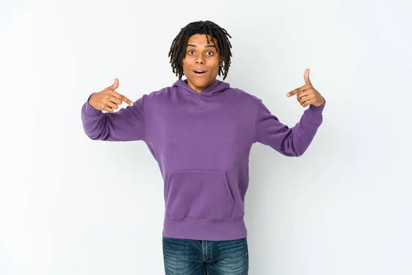Young African American Rasta Man Points Fingers Positive Feeling — Stock Photo, Image