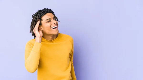 Young Black Man Wearing Rasta Hairstyle Trying Listening Gossip — Stock Photo, Image