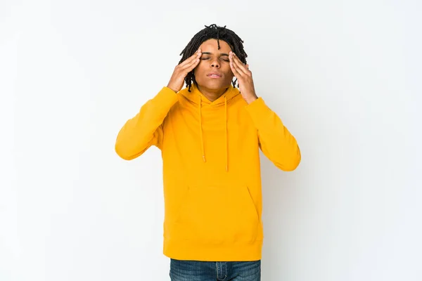 Joven Afroamericano Rasta Hombre Con Dolor Cabeza Tocando Parte Delantera —  Fotos de Stock