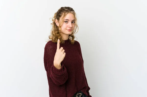Νεαρή Καυκάσια Γυναίκα Λευκό Ανάχωμα Που Δείχνει Δάχτυλο Σαν Προσκαλεί — Φωτογραφία Αρχείου