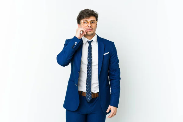 Young Business Cool Man Fingers Lips Keeping Secret — Stock Photo, Image