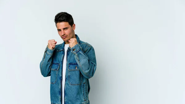 Young Caucasian Man Isolated White Background Showing Fist Camera Aggressive — Stock Photo, Image